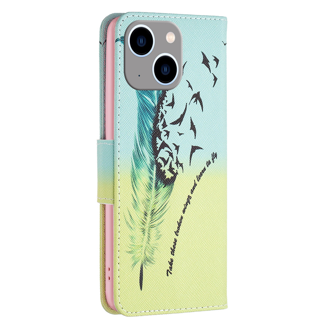 Pattern Printing Phone Leather Case for iPhone 15 Plus , Stand Wallet Full Protection Cover - Feather and Birds Pattern Printing Phone Leather Case for iPhone 15 Plus , Stand Wallet Full Protection Cover - Feather and Birds